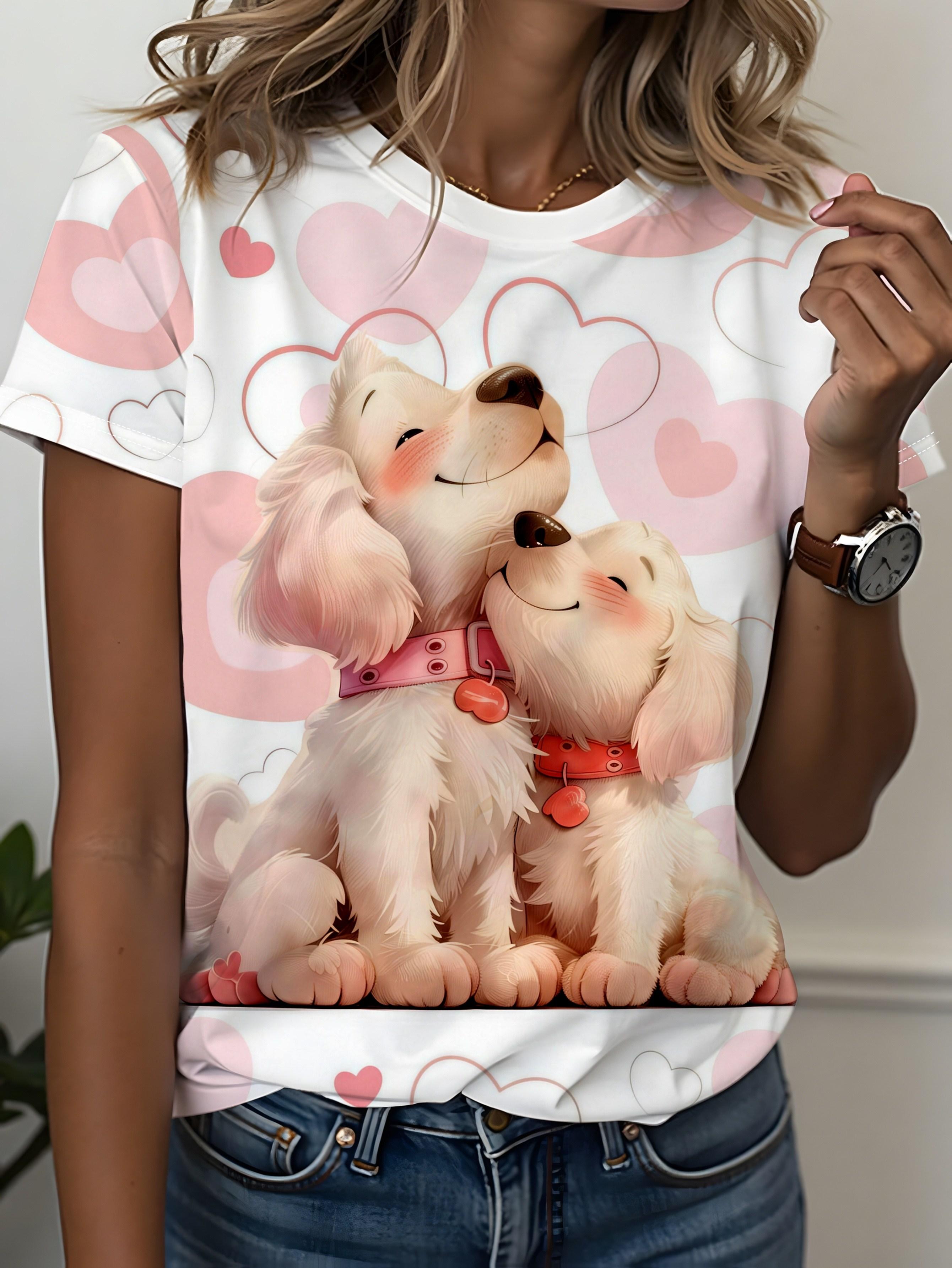 Women S Sweet And Cute Heart And Dog Print Short Sleeve T-Shirt. Full Print. Sweet And Soothing. Casual And Versatile One-Piece Round Neck Fashion T-S S дубильная кора