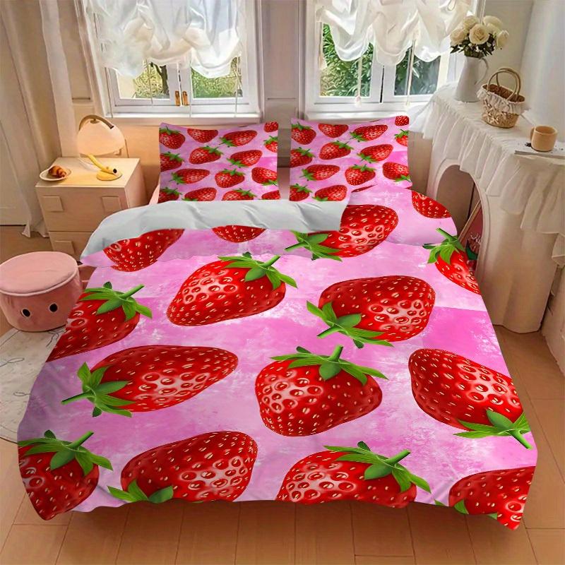 3Pcs Strawberry Pattern Printed Bedding Set, Breathable And Soft, Machine Washable, Christmas Gift, Suitable for Bedroom Decoration, 15180