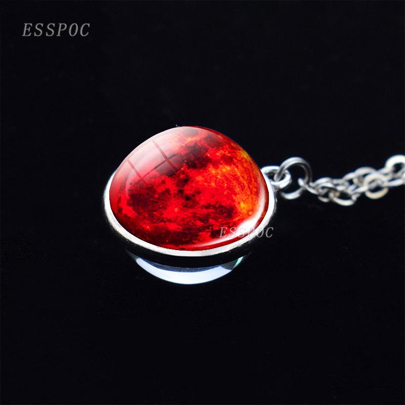 Colorful Full Moon Glass Pendant Necklace with Starry Sky Nebula Design