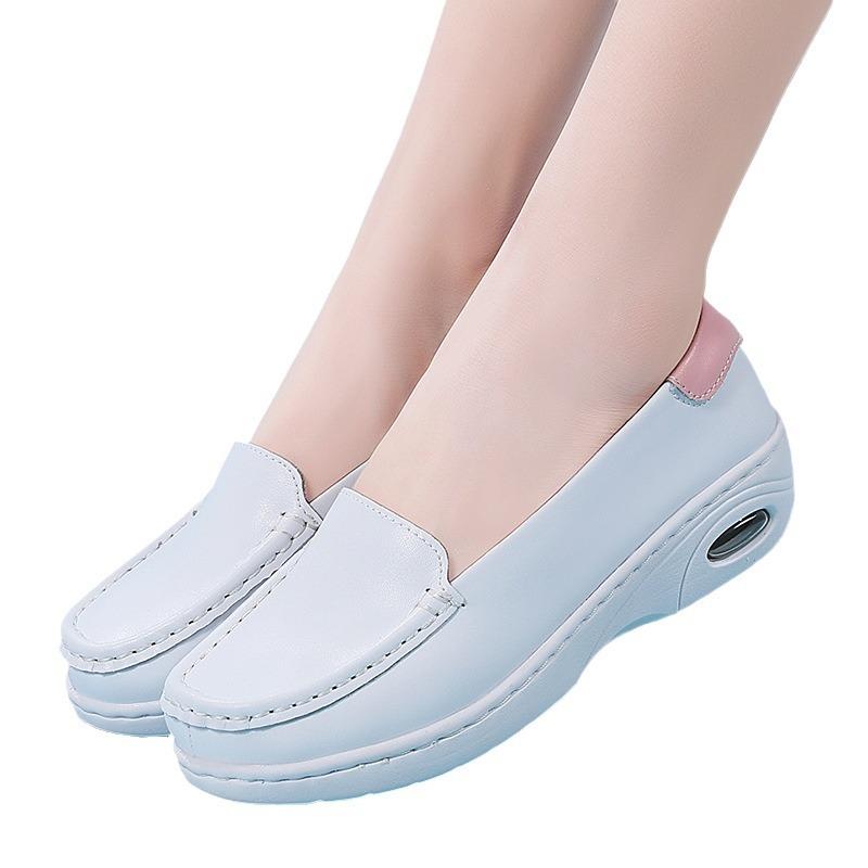 Thick-soled nurse shoes women's leather wedge heel air cushion soft sole non-slip, breathable and not tired feet flat-soled heightening comfortable