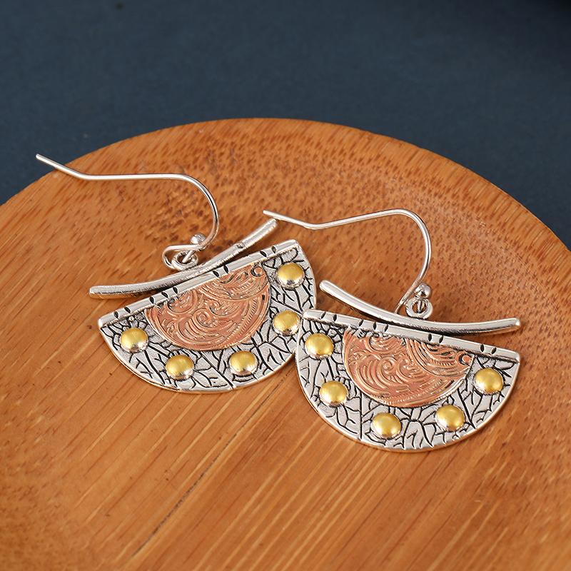 Ethnic Style Copper Material Hand Carved Semicircle Dangle Earrings for Women Vintage Pendant Vacation Banquet Jewelry Accessory
