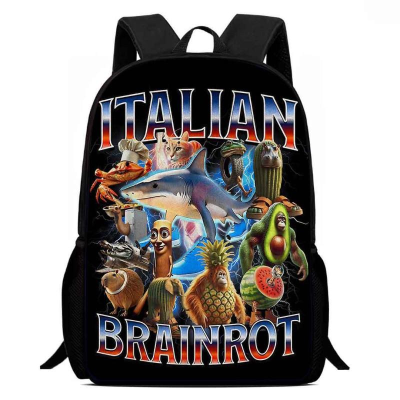 Portable Italian Brainrot Backpack Shoulders Bag Large Capacity Cartoon School Bag Printed Tung Tung Saur Tralala Bag For Kid