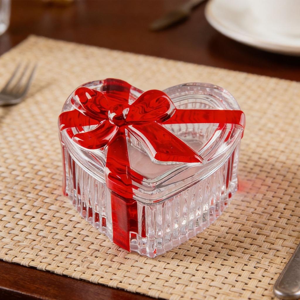 Candy Jar with Lid Glass Heart Shaped Clear Cookie Bowl Candy Storage Container Serving Dish for Snacks Jewelry Red Bow