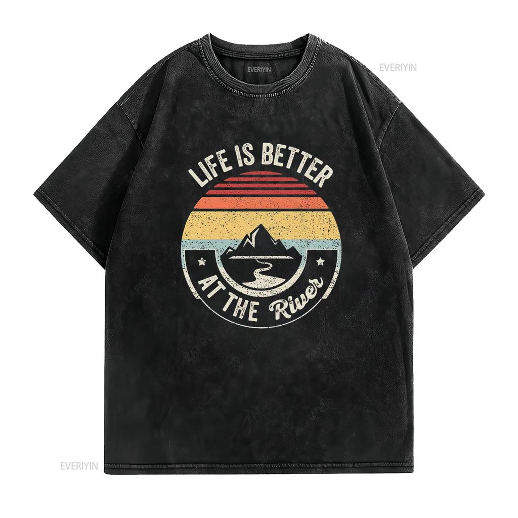 Mens River Floating Retro Life Is Better At The Camping  T Shirt Black X Large vintage Washed fashion Stretched Unisex Soft