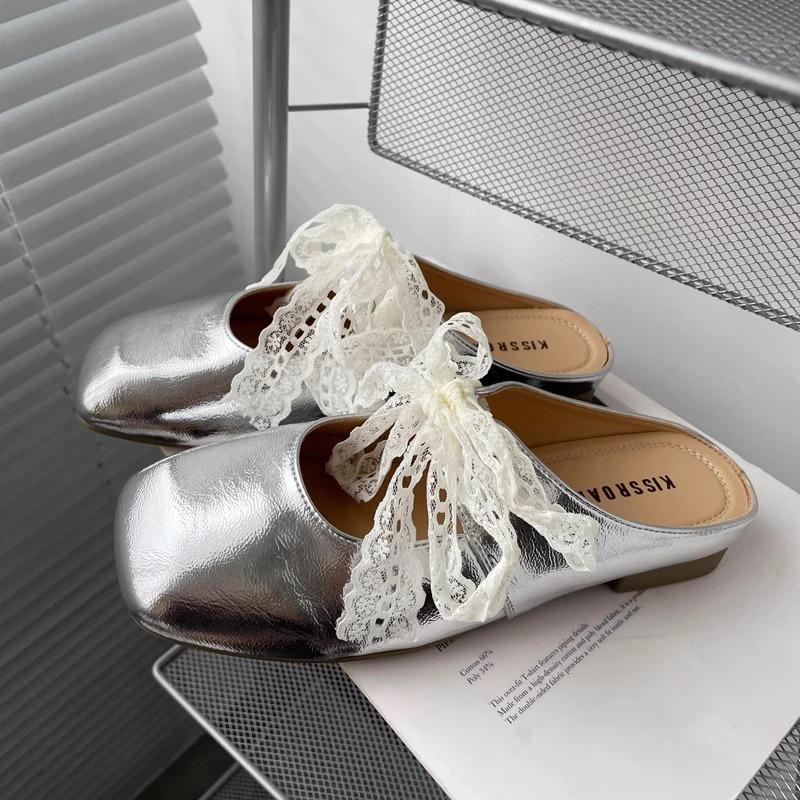 French small fragrant wind bag head half slippers women's shoes wear 2025 spring and summer evening lace Mary Jane half tray single shoes