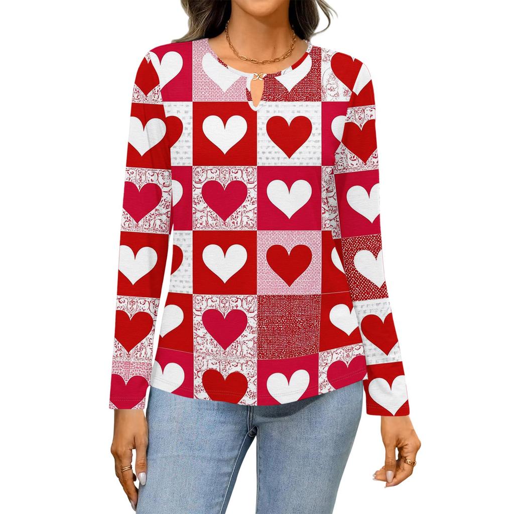 Damen Casual Rundhals Aushöhlung Langarm Valentinstag Herz-Print T-Shirt Top