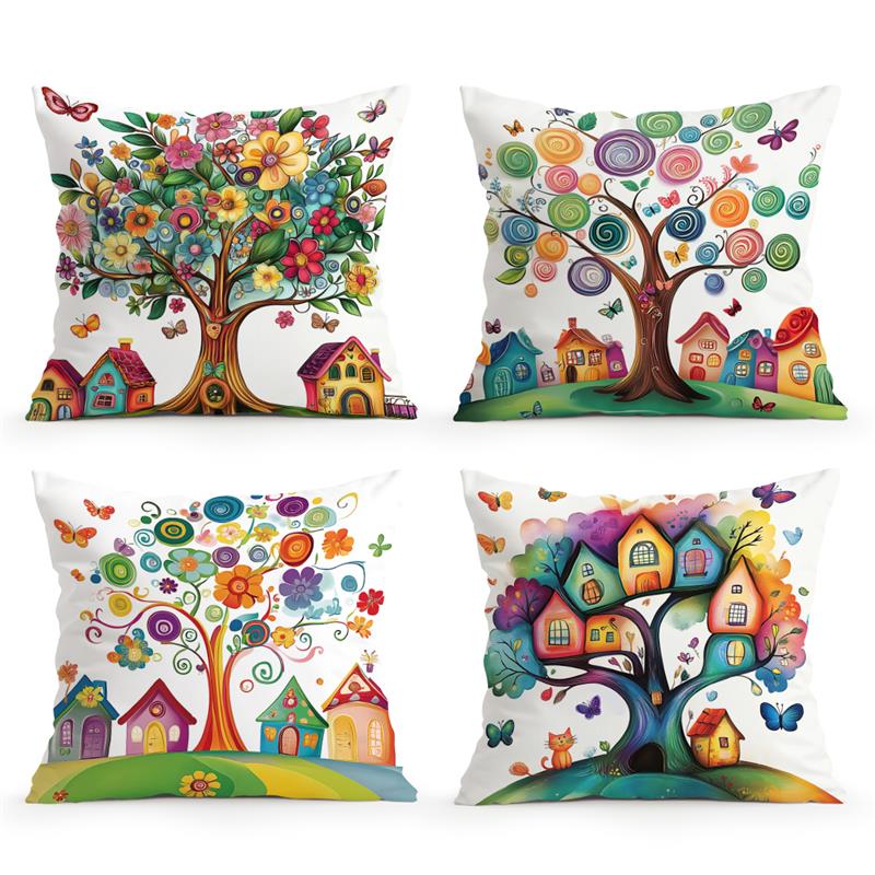 Colorful Trees Houses Pillowcase Printed 100% Polyester 45X45Cm Throw Pillowcover Decorative Sofa Cushion Pillowslip Home Decor