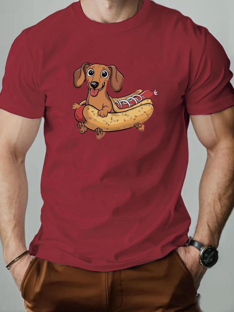 ZX Summer Mens Casual Summer Cartoon Sausage Dog Hot Dog Pattern Tshirt  Lightweight and Breathable Round Neck Top Adult Style