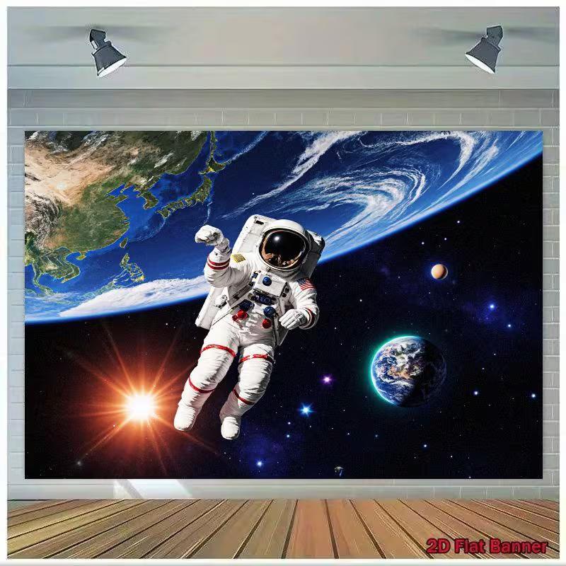 

2D Outer Space Banner, Floating Astronaut & Earth Party Decor Background 47.2x31.5inch/120*80cm