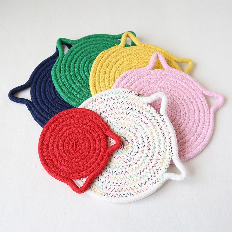 1Pc Cotton Rope Woven Insulation Pad Design Dining Table Tray Mat Insulation Pad Cartoon Cat Ear Shaped Solid Color Dining Table