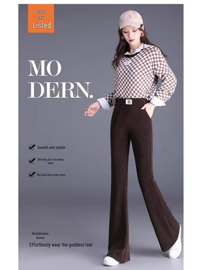 Damskie spodnie sztruksowe z wysokim stanem i aksamitną podszewką – Rozmiar plus, Luźne, Wyszczuplające, Lekko rozszerzane, Długie spodnie na jesień/zimę.