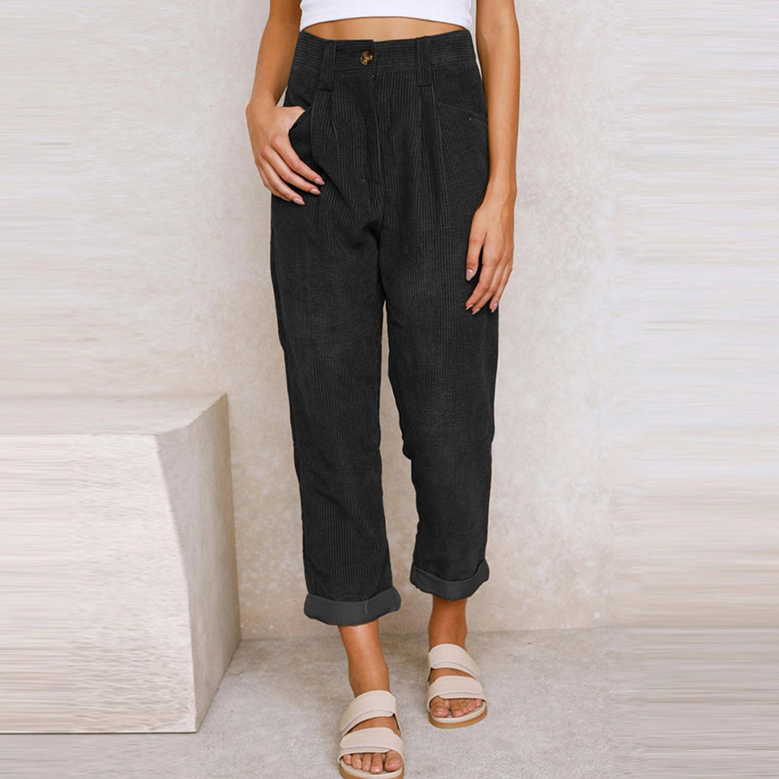 

Women s High Waist Casual Pants Color Corduroy Loose Straight Leg Trousers Women L чёрный
