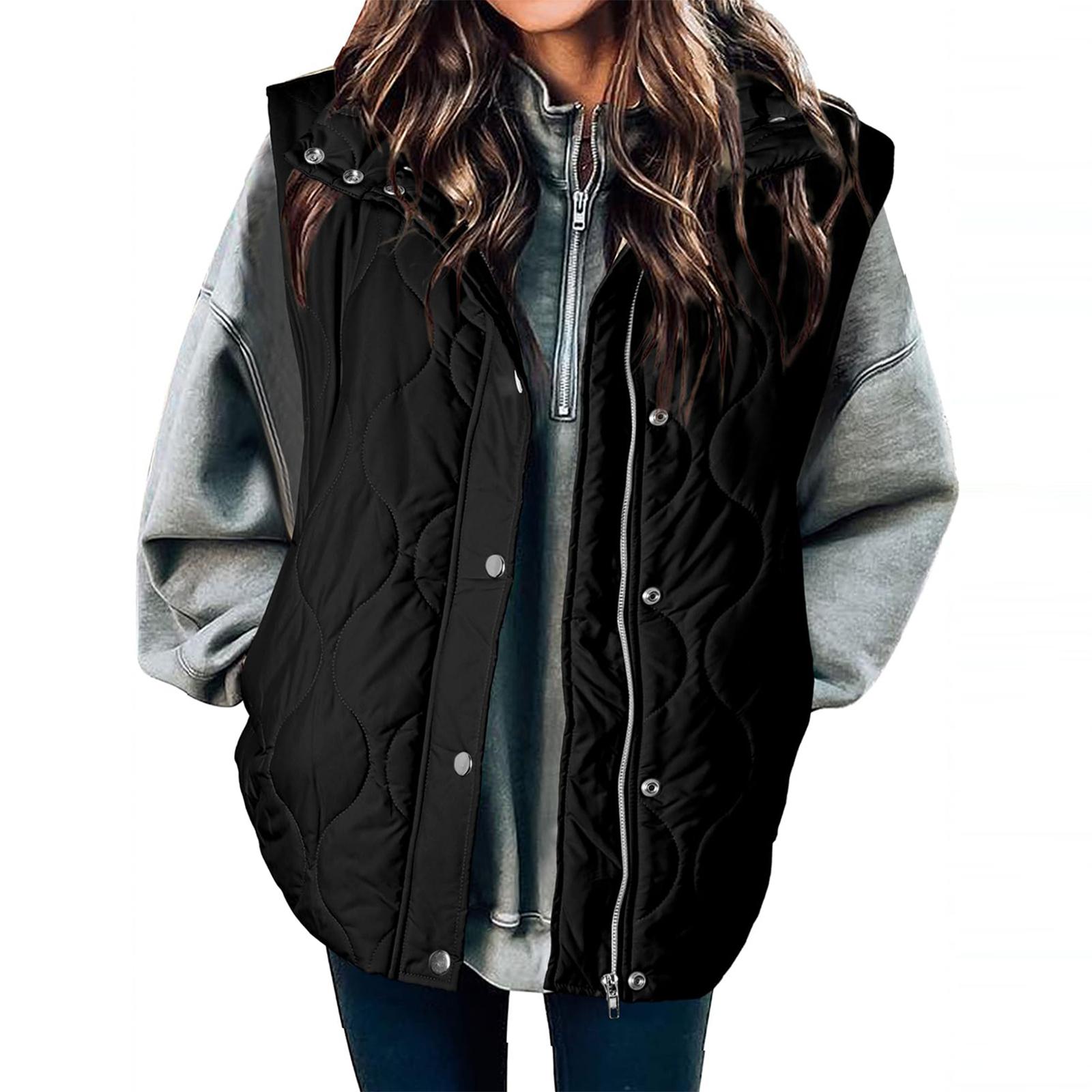 

Женская модная жилетка-куртка однотонного цвета с карманами на молнии и пуговицах XL чёрный