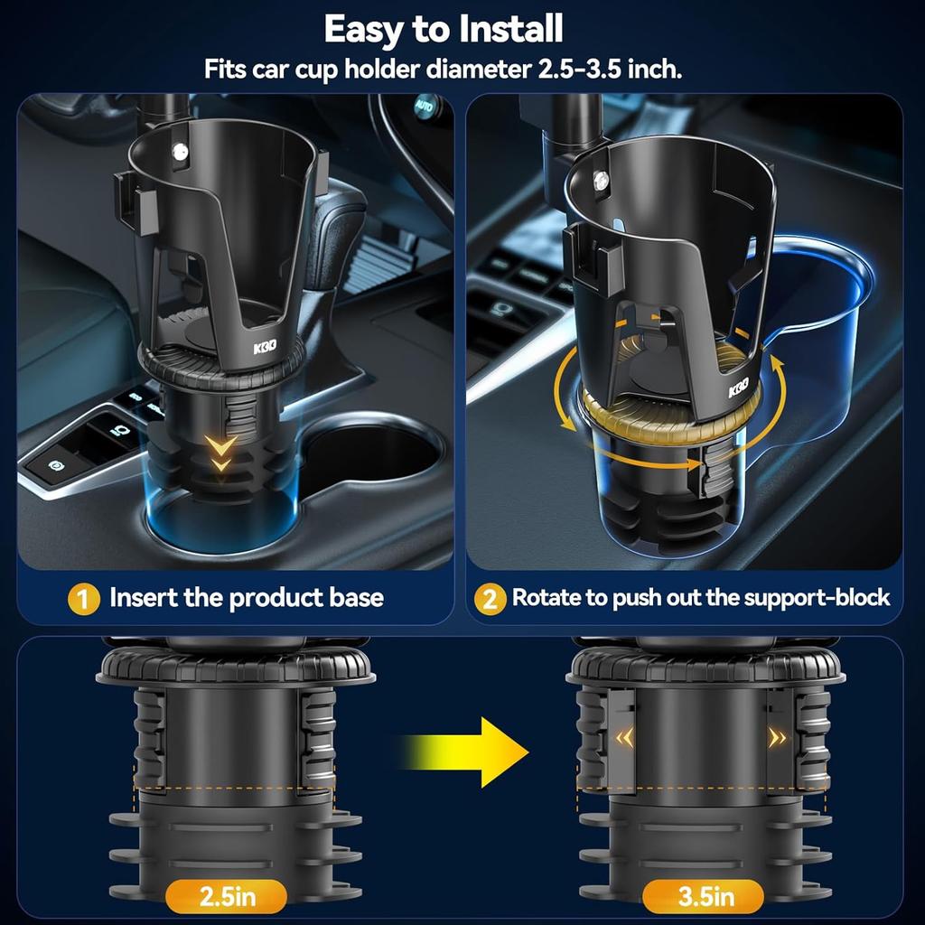 KDD Car Cup Holder Expander - 3 In 1 Cup Holder Adapter With Adjustable Base - Detachable Phone Holder & 360° Rotation Food Tray For Car -