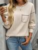 Autumn New Women's Pit Stripe Brushed Solid Color Round Neck Pocket Casual Loose Long Sleeved Streetwear Top