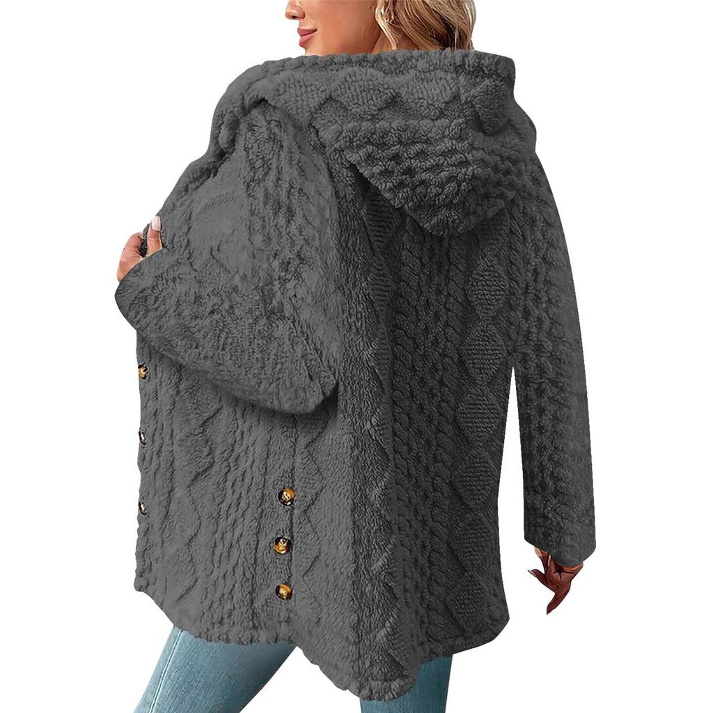 Damen Modische Einfarbige Langärmlige Lockere Kapuzen-Plüschjacke mit Knopfleiste