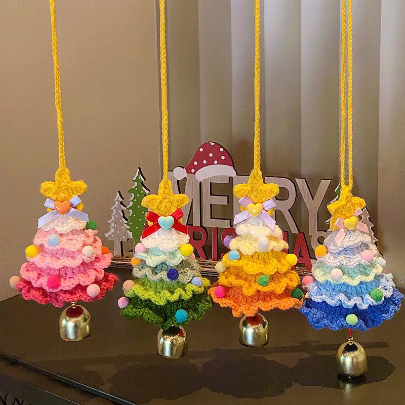 1-5Pcs Christmas Tree Car Pendant Hand Woven Xmas Tree Hanging Ornaments Colorful Crochet Christmas Tree With Bell Holiday Decor