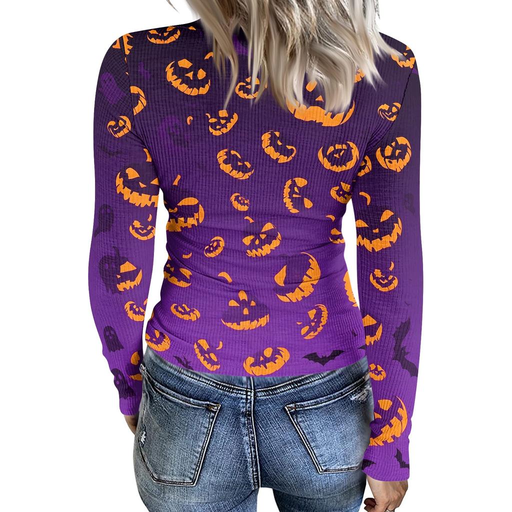 Women Casual Long Sleeve Ribbed Knit Top Crew Neck Halloween Print Slim Fit Stretchy Pullover Shirt for Fall and Winter