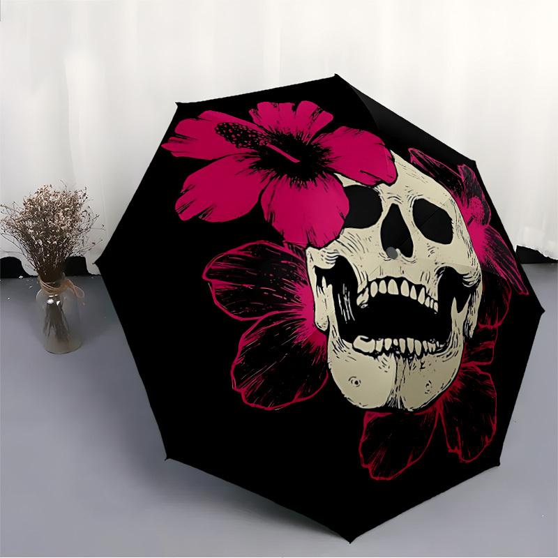 1pc Skull Flowers Automatic Folding Umbrella, 8-Rib Sturdy Canopy, Portable Travel Umbrella for Outdoor Use,093