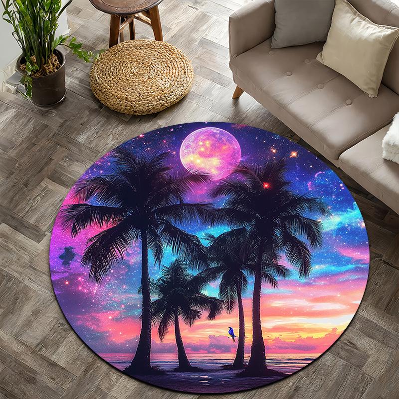 Dreamy palm tree Flannel-printed round floor mats are slip-resistant Suitable for living room bedroom terrace garden carpets