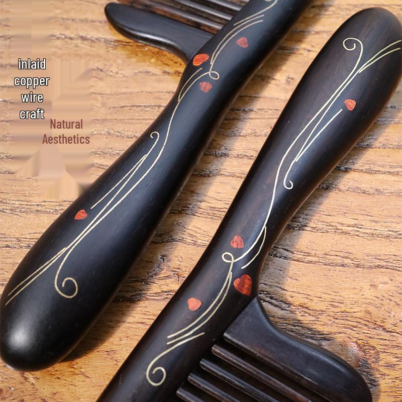 Heart-Shaped Cloisonné Copper and Zitan Wood Comb with Mortise and Tenon Jointing – Handmade for Smooth Hair