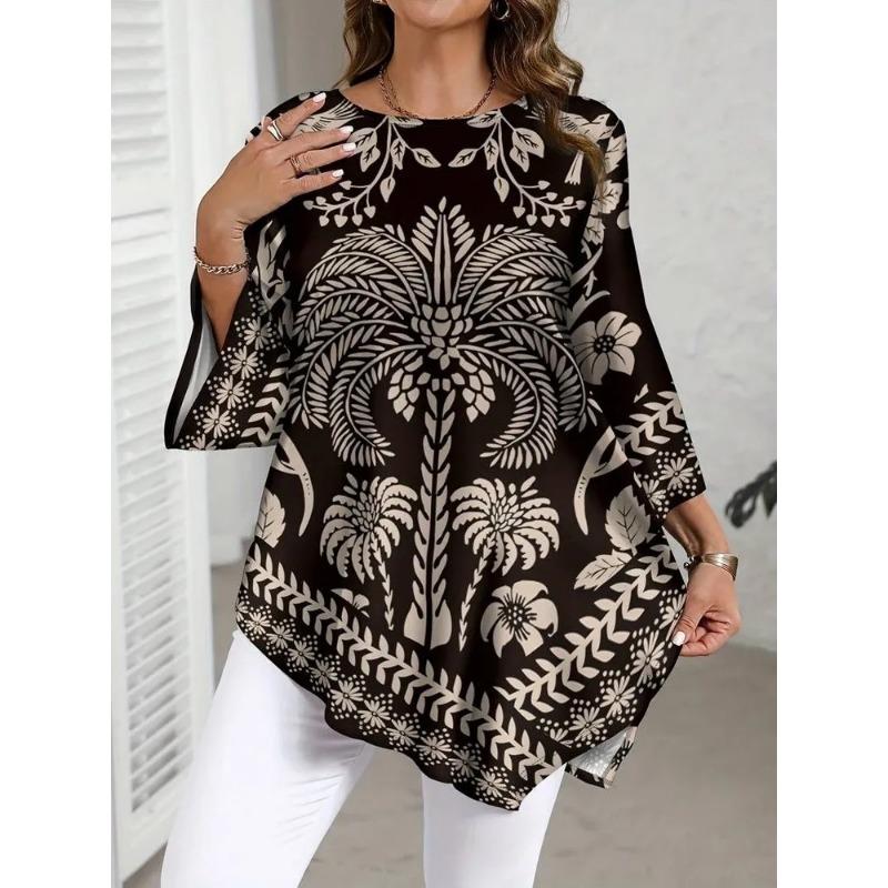 Women S Elegant Plus Size Printed Round Neck Asymmetrical Hem Top L