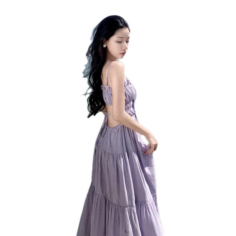Summer Fairy Holiday Style Long Dress Large Skirt Exposed Waist French Sling Backless Dress