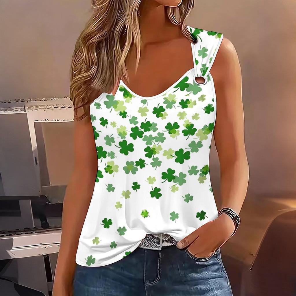 Ladies' Outdoor Casual Sports Double Loop Buckle Vest with Four-leaf Clover Print Pattern ,V-neck, Sleeveless, Medium Stretch Fabric