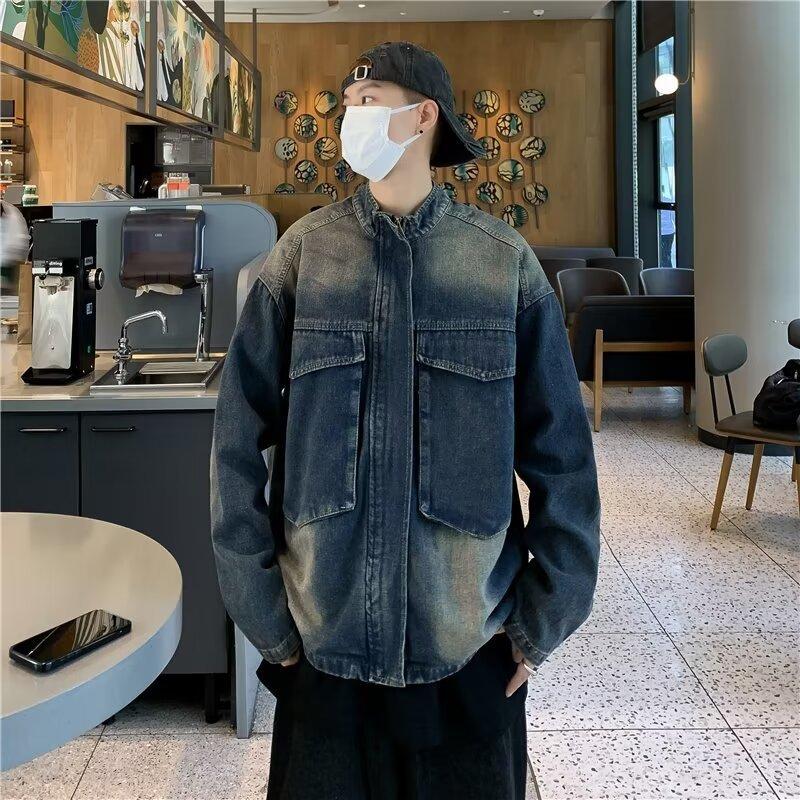 

Свободная джинсовая куртка с застежкой-молнией в американском стиле для мужчин и женщин, стираная куртка с большим карманом в стиле High Street Tooling 2XL синий