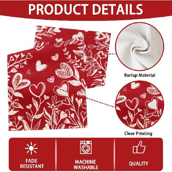 Valentine’s Day Red Heart Love Plant Table Runner 13x72 Inch , Holiday Kitchen Dining Tabletop Runners for Home Indoor Farmhouse Decoration