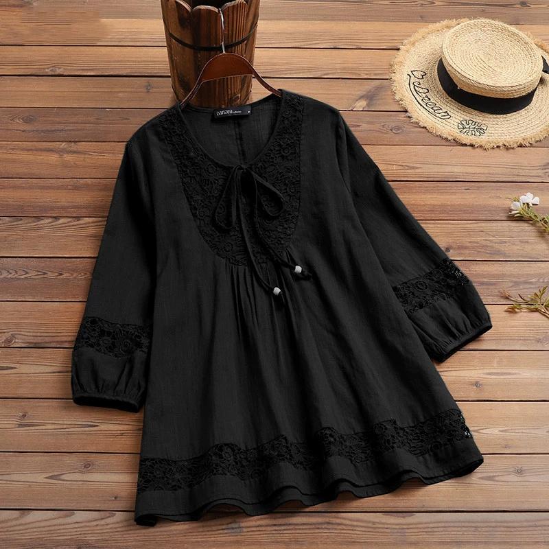 Dames Lente Plus Size Katoen en Linnen Splicing Design T-shirt Effen Kleur Temperament Losse Tops