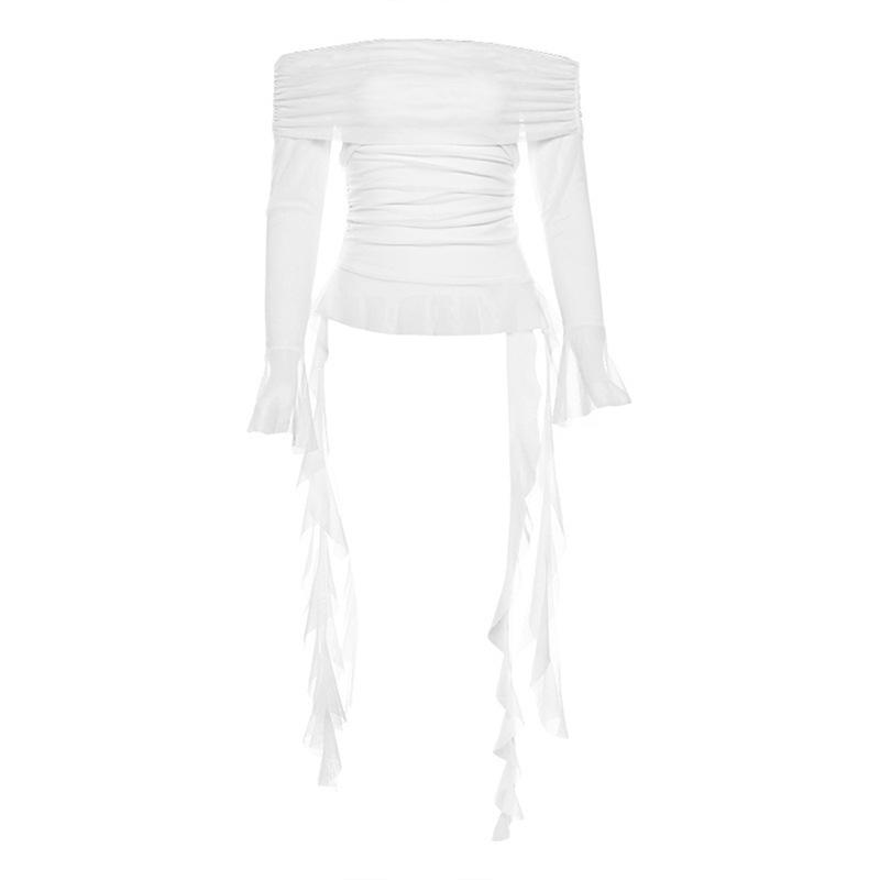 European and American Style Summer New Women's Clothing Solid Color Slim Street Fashion One-word Collar Long-sleeved Backless T-shirt