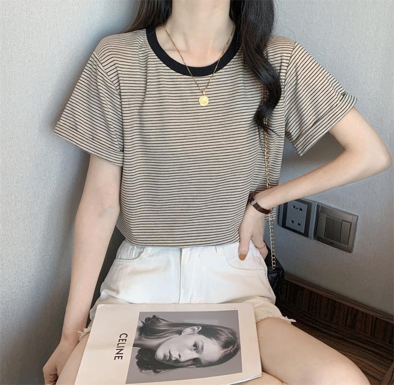 

Striped T-shirt short-sleeved women s summer clothing new round neck loose ins careful machine foreign style simple student top M чёрный
