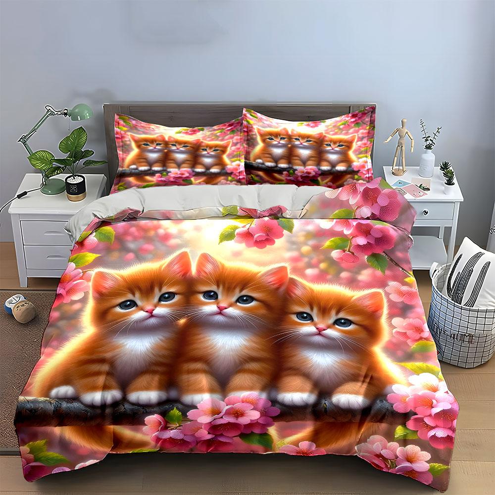 Three Kittens Amid Blossoming Spring  Kid'S And Adults' Bedroom Decor, Exquisite Three-Piece Bedding Set Gift