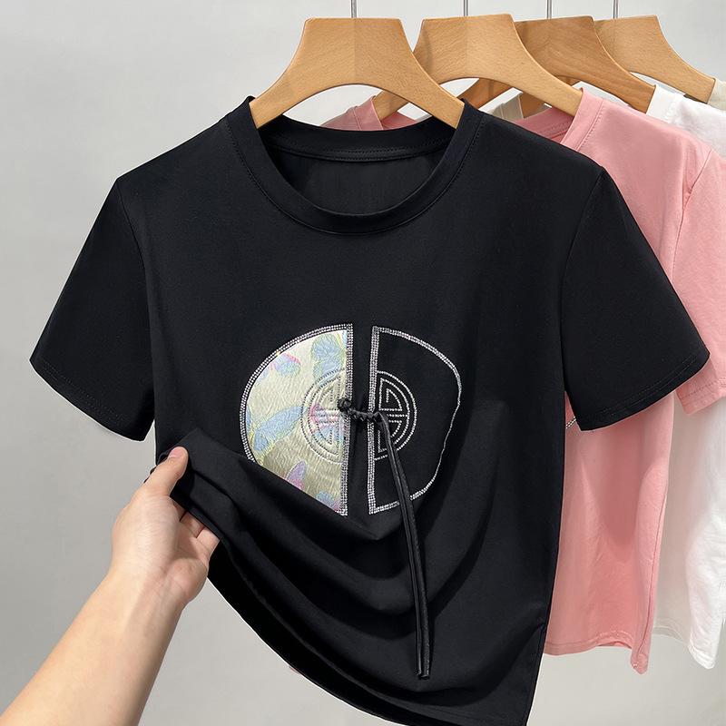 New Chinese Style White Short-sleeved T-shirt for Women's New Chinese Style Women's Round Neck Cotton T-shirt Short Ironing Top