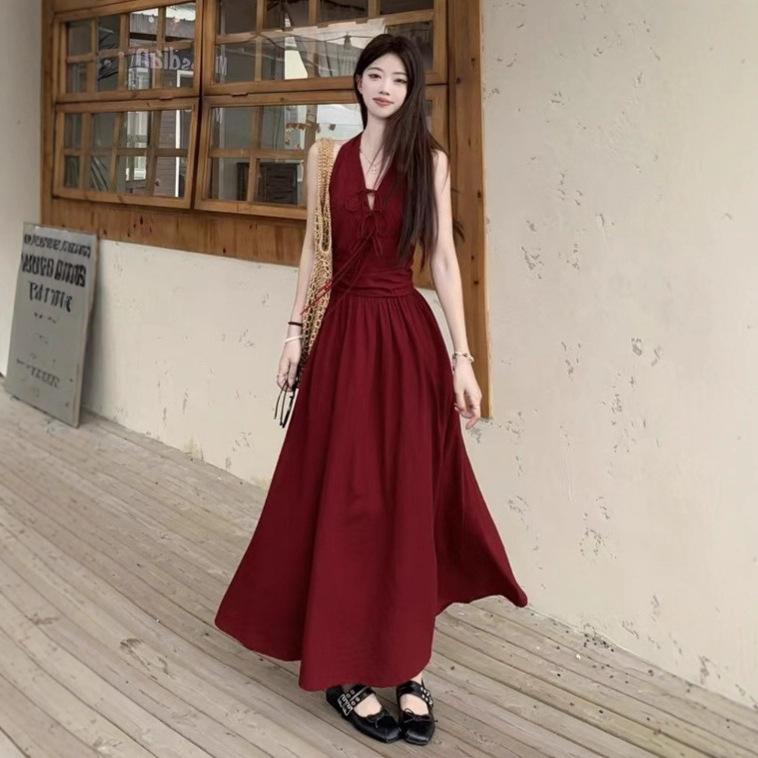 French vacation style red backless sexy sleeveless suspender dress large size thin fairy waist long dress Zixia