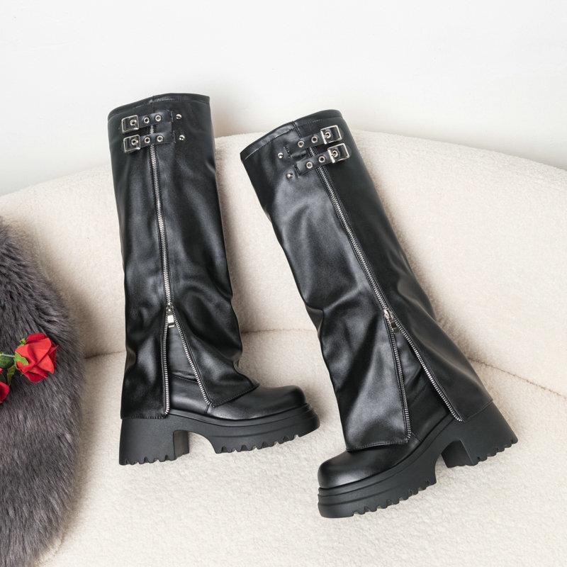 High Boots Square Head Thick Sole Thick Heel High Heel Belt Buckle Side Zipper Pipe Boots But Knee Trouser Boots Knight Boots