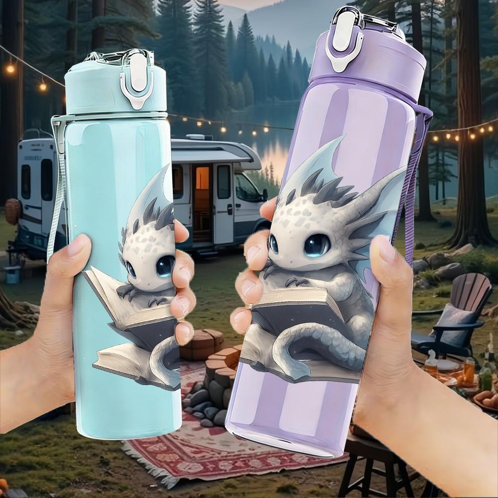 1PC Cute Baby Blue Dragon 750ml Color Plastic Sports Water Bottle Leakproof Flip Straw Lid Suitable for Sports Office Home Use