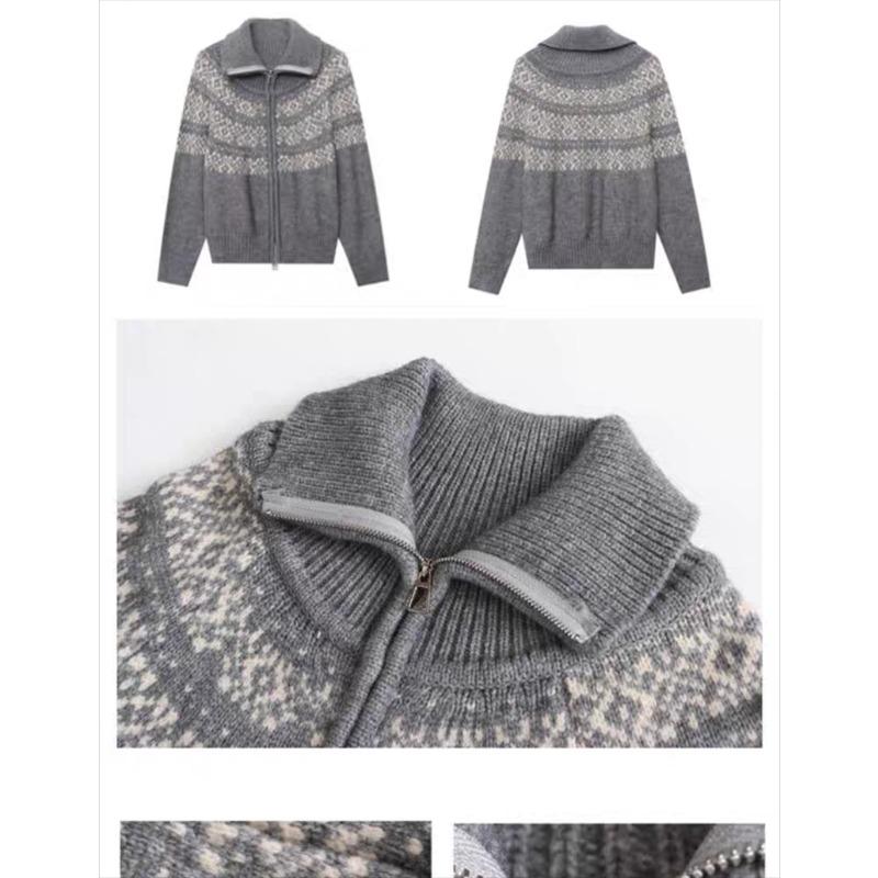 Korean Fashion Autumn Winter Zipper Cardigan Women Sweater Jacket Retro Printed Lapel Loose Knitted Coats Long Sleeve Office Fashion Elegant Clothing