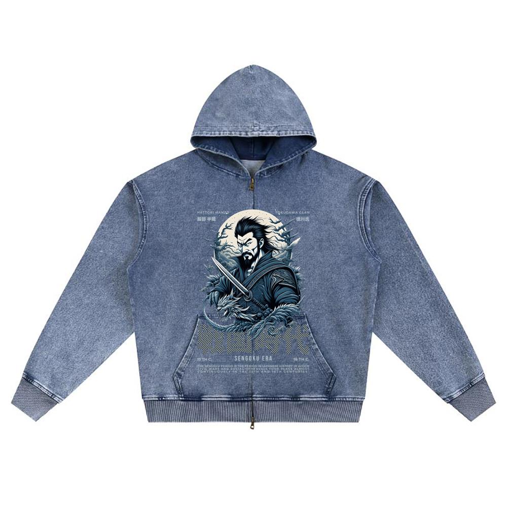 DTG print Knitted Denim Zip-Up Hoodie Japan Samurai Brother Print Zipper Hoodies  