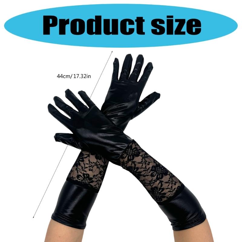 Long Black Operas Party Gloves for Women Stretchy Elbow Length Party Gloves Leather Lace Gloves for Wedding Halloween