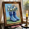 Framed Pearl Art DIY Kit with Blue Rain Boots Flower Pattern 3D Sparkling Bead Canvas Painting Handmade Gift for Wall Home Decoration