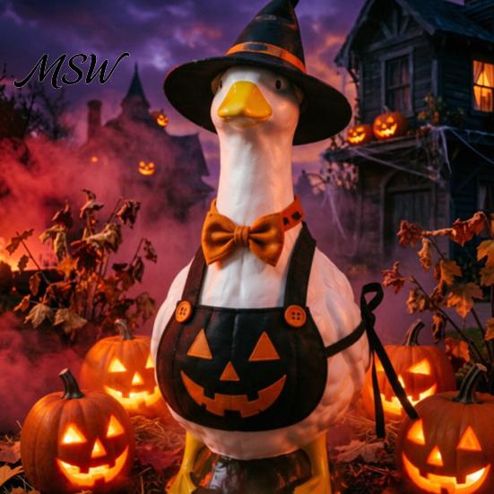 Whimsical Outdoor Decoration Halloween Mini Desk Goose Statue, Cute Small Figurine with Pumpkin Apron Statue And Wizard Hat for Home Office