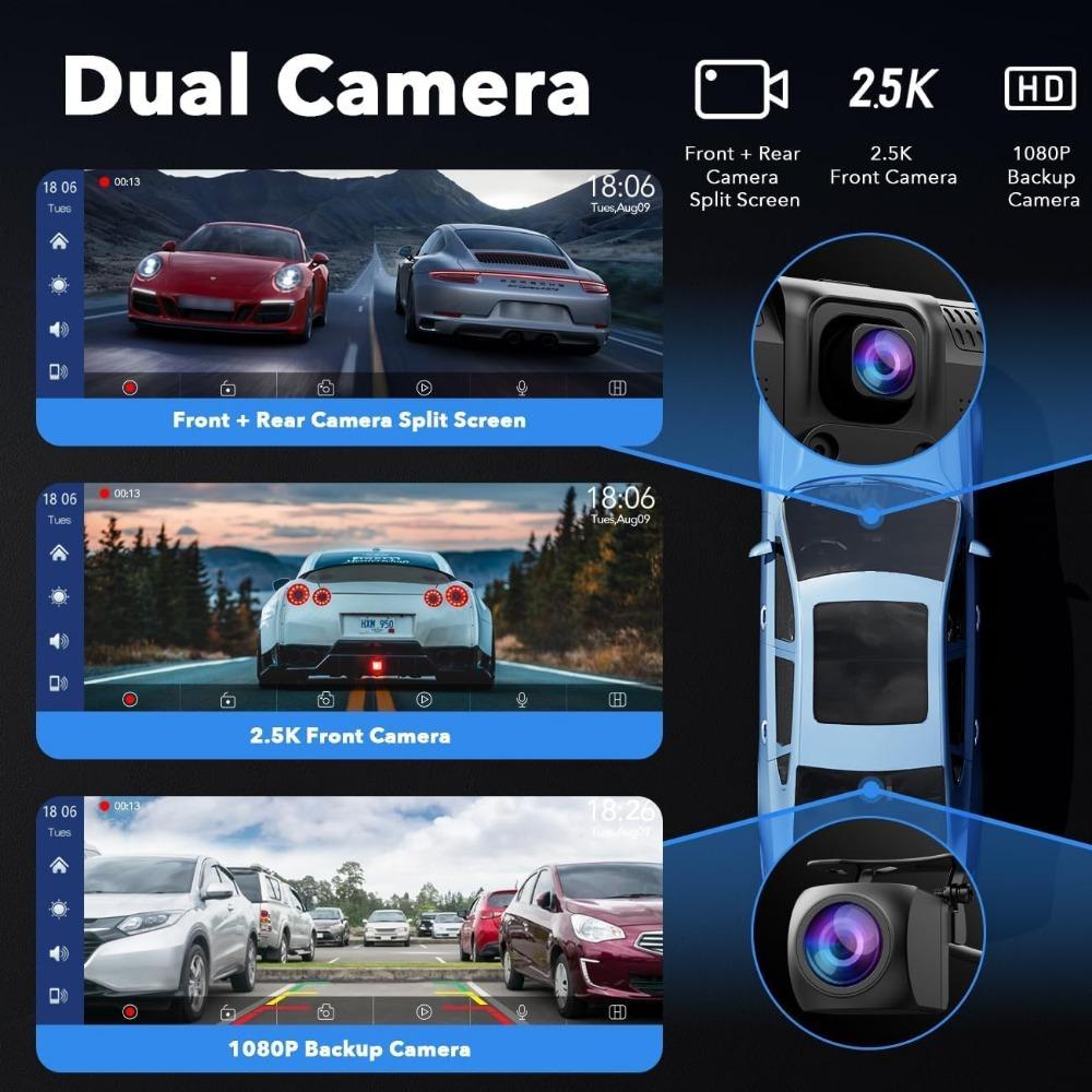 LAMTTO 9.26 Wireless Carplay and Android Auto with 2.5K Dash Cam, 1080P Backup Camera, Portable Touchscreen GPS Navigation for C