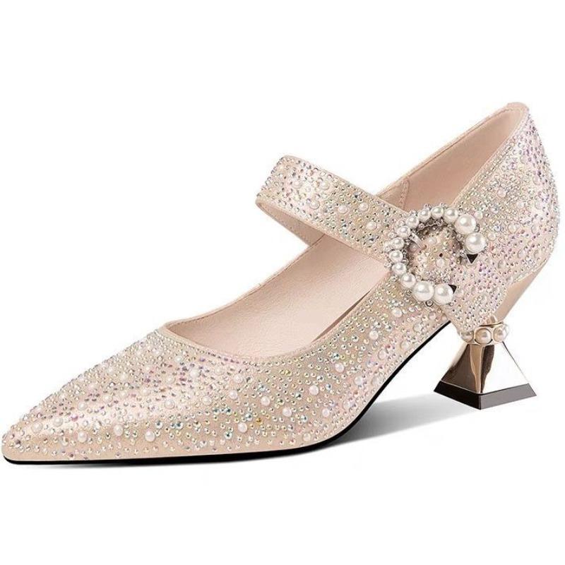 Klamra Paska Wysokie Obcasy Gruby Obcas Szpiczaste Pojedyncze Buty Damskie Perłowa Cyrkoniowa Klamra Płytkie Wcięcie Wiosna i Jesień Buty Damskie