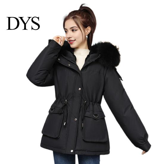 Warm Cotton Jacket Women Winter Coat Thick Plush Furry Hooded Long Sleeves Pockets Lightweight Puffer Drawstring Waist Zip-up Windproof Mid