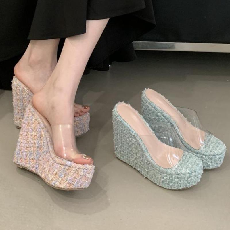 Mode Sommer Mode PVC Transparent Plateau Keilabsatz Damen Hausschuhe Offene Zehen Bankett Party Damenschuhe 13CM Zapatos De Mujer