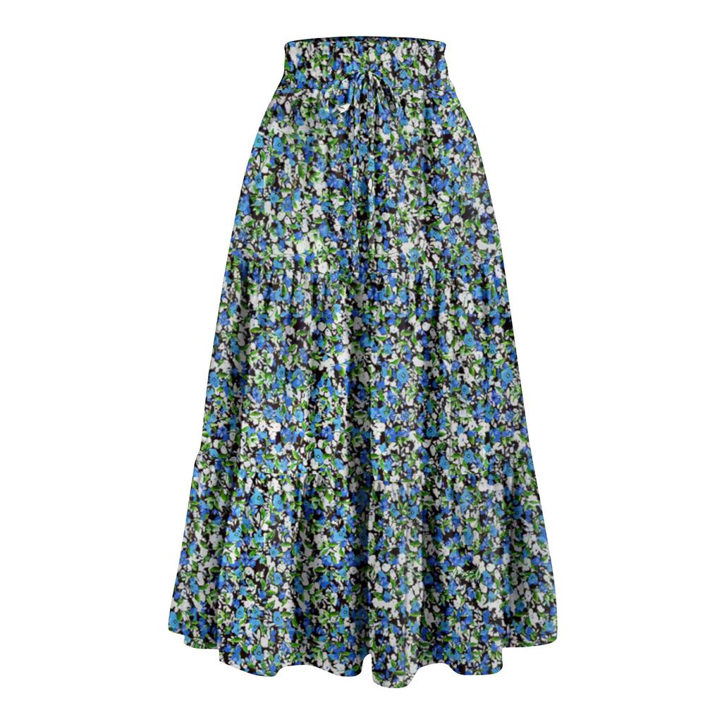 Women's Ruffled Spring Casual Long Skirt Plain Color Skirt Retro Pleated Skirt