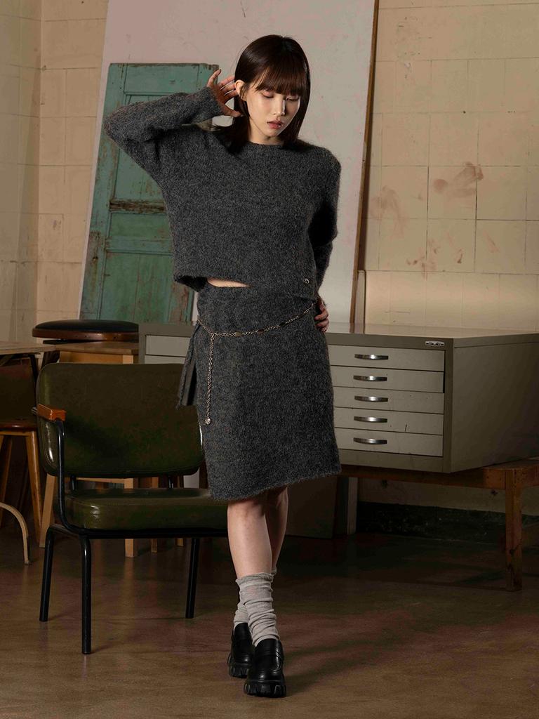 THE GREEN LAB Soft Texture Knit Wrap Skirt Set [Charcoal Gray]