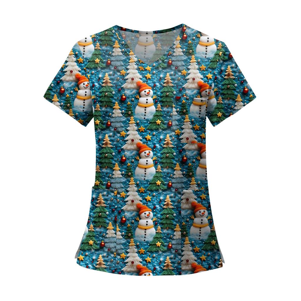 Women's Fashion Printed Short Sleeve V Neck Pattern Tops Pocket Working T-shirts